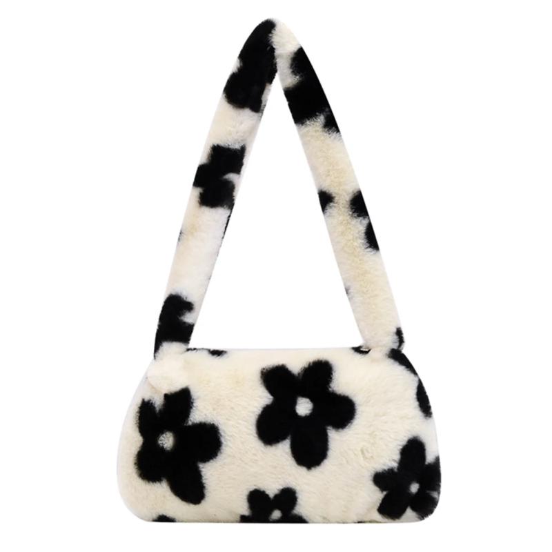 Women Plush Flower Print Shoulder Bag Casual Handbags Purse Winter Tote
