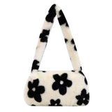 Women Plush Flower Print Shoulder Bag Casual Handbags Purse Winter Tote