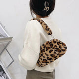 Winter Plush Shoulder Handbag Women Retro Animal Print Underarm Bag Purse