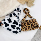 Winter Plush Shoulder Handbag Women Retro Animal Print Underarm Bag Purse