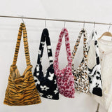 Women Plush Bag Shoulder Bags Animal Pattern Print Shopper Bag