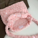 Women Plush Shoulder Bag Large Capacity Heart Pattern Handbag