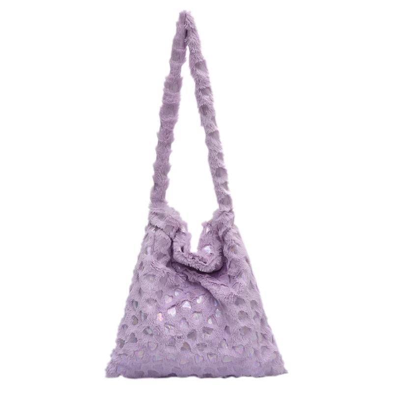 Women Plush Shoulder Bag Large Capacity Heart Pattern Handbag