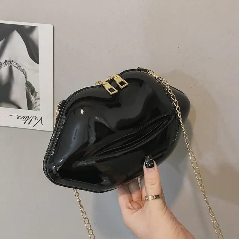 Solid Zipper Messenger Bag Lip Print Women's Shoulder Bag