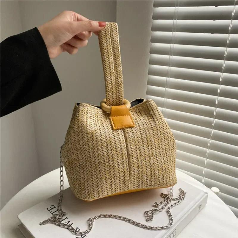Boho Straw Bag Bucket Handbags Crossbody Chain Purses Clutch