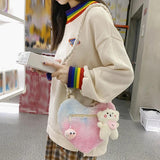 Plush Winter Women Handbag Soft Small Zipper Satchel with Cartoon Pendant