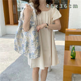 Vintage Canvas Shoulder Bag Flowers Jacquard Cotton Fabric Grocery Handbag