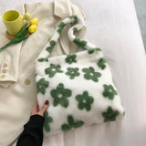 Flower Print Plush Shoulder Shopping Bag Autumn Winter Tote Handbag