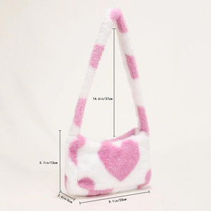 Women Soft Warm Plush Shoulder Bag Heart Print Handbags
