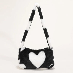 Women Soft Warm Plush Shoulder Bag Heart Print Handbags