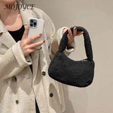 Soft Wool Underarm Bags Winter Tote Casual Portable Warm Zipper Solid