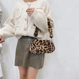 Plush Furry Shoulder Bag Winter Animal Pattern Handbag
