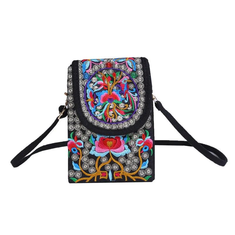 Ethnic Style Embroidered Cell Phone Crossbody Bag Retro Canvas Handbag Pouch