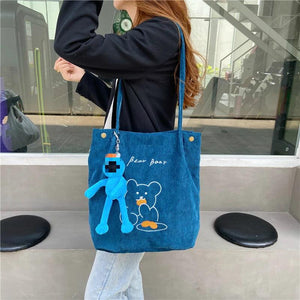 Corduroy Embroidery Bear Women Shoulder Bags Vintage Student Girls Handbags
