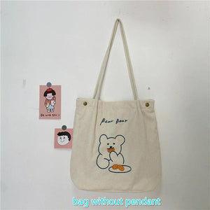 Corduroy Embroidery Bear Women Shoulder Bags Vintage Student Girls Handbags