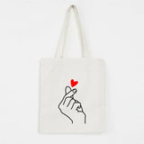 Heart Gesture Women Canvas Shopping Bag Cartoon Cotton Tote Shoulder Shopper