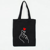 Heart Gesture Women Canvas Shopping Bag Cartoon Cotton Tote Shoulder Shopper