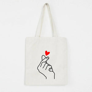Heart Gesture Women Canvas Shopping Bag Cartoon Cotton Tote Shoulder Shopper