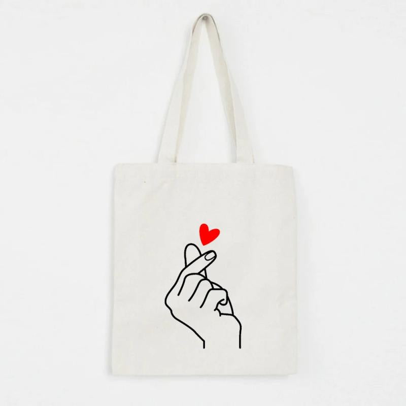 Heart Gesture Women Canvas Shopping Bag Cartoon Cotton Tote Shoulder Shopper