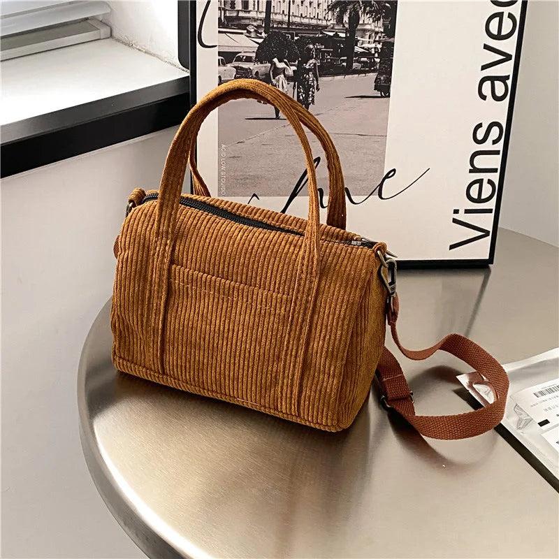 Women's Mini Corduroy Shoulder Bag Canvas Handbag Zipper Totes Ladies Purse