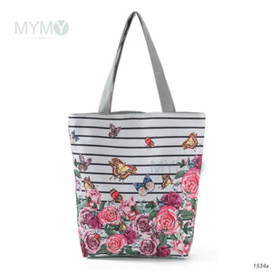 Floral Print Handbag Tote Beach Bag High Capacity Reusable Shoulder Shopping Bag