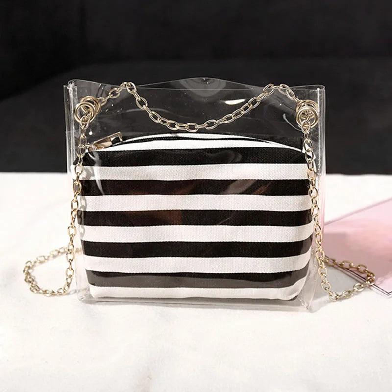 Sweet Women Shoulder Bag PVC Transparent Handbag Striped Purse Lady's Bag