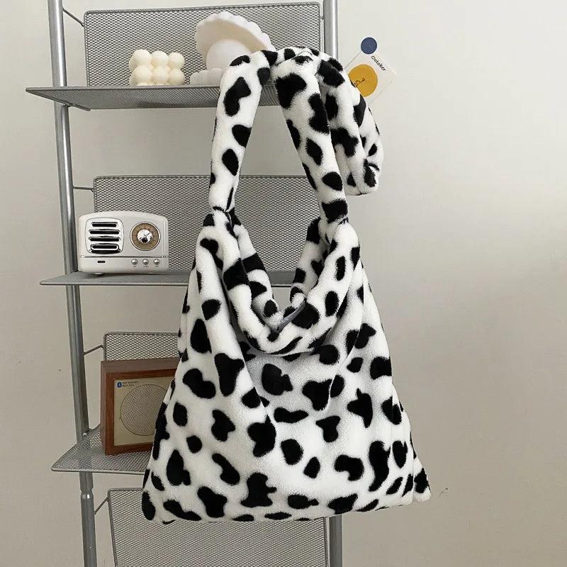 Cow Bear Pattern Shoulder Bags Large Capacity Ladies Fluffy Plush Totes