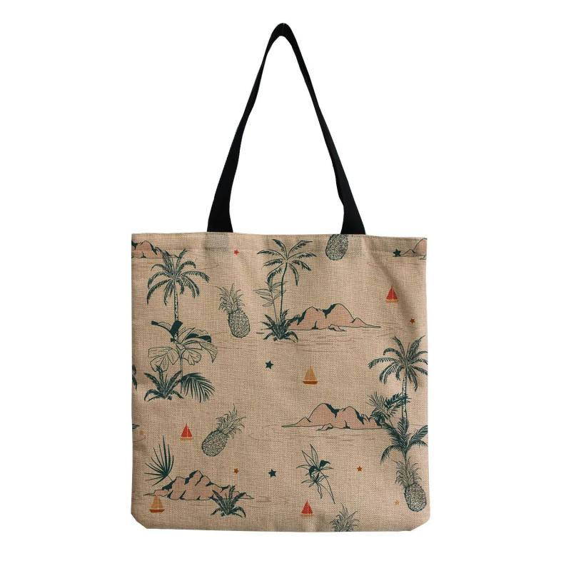 Coconut Tree Printed Linen Beach Tote Bag