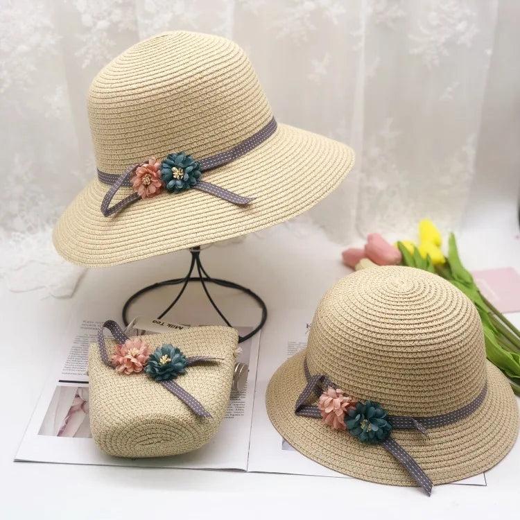 Straw Sun Hat Baby Girl Summer Cap Beach Visor Hat Set
