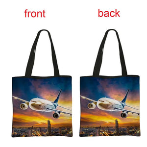 Airplane Print Handbag Flight Women Totes Bags Canvas Shoulder Bags