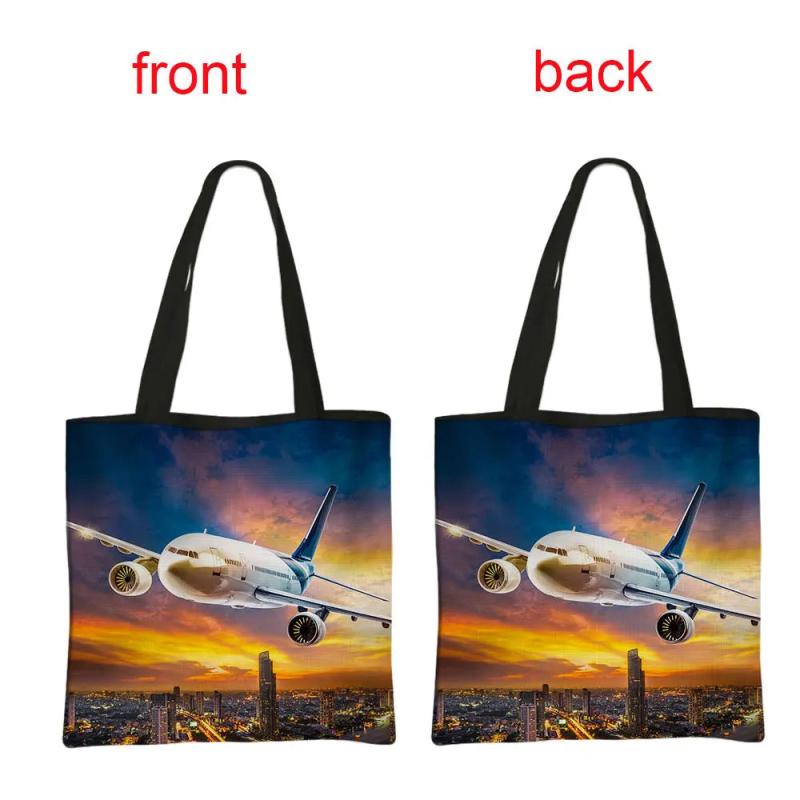 Airplane Print Handbag Flight Women Totes Bags Canvas Shoulder Bags