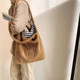 Faux Bear Plush Shoulder Bag for Women Winter Large Capacity Handbag