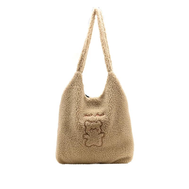 Faux Bear Plush Shoulder Bag for Women Winter Large Capacity Handbag