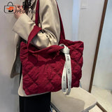Vintage Checkered Pattern Tote Bag with Ribbon Casual Nylon Handbags
