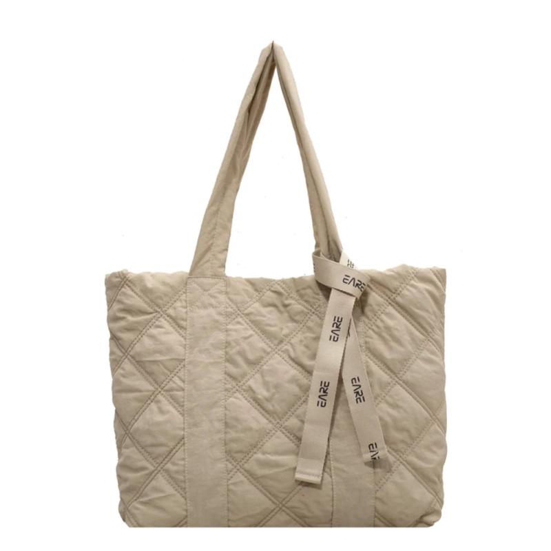 Vintage Checkered Pattern Tote Bag with Ribbon Casual Nylon Handbags