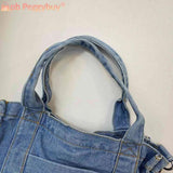 Denim Student Book Bag Large Capacity Multi-Pockets Port