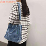 Denim Student Book Bag Large Capacity Multi-Pockets Port