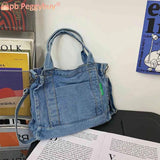 Denim Student Book Bag Large Capacity Multi-Pockets Port