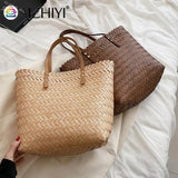 Hand-Woven Straw Shoulder Bag Large Capacity Tote Beach Vacation Shopping