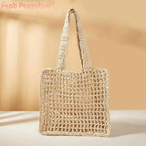 Summer Ladies Woven Tote Hollow Top-handle Bag Casual Portable Net Crochet
