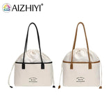 Women Drawstring Canvas Tote Letters Shoulder Bag