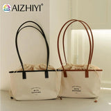 Women Drawstring Canvas Tote Letters Shoulder Bag