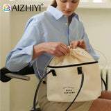 Women Drawstring Canvas Tote Letters Shoulder Bag