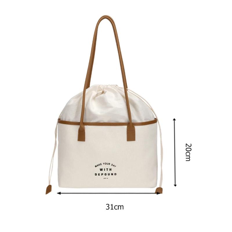 Women Drawstring Canvas Tote Letters Shoulder Bag