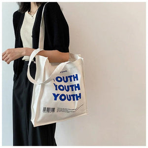 YOUTH Letters Print Canvas Shoulder Bag Eco Handbag Tote