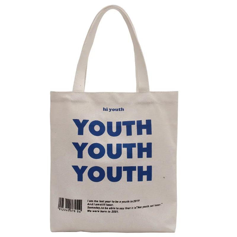 YOUTH Letters Print Canvas Shoulder Bag Eco Handbag Tote