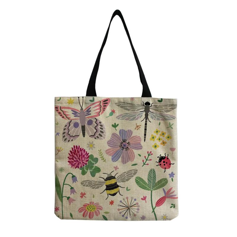 Cartoon Insect Printed Linen Beach Shoulder Bag Female Leisure Shopping Bag