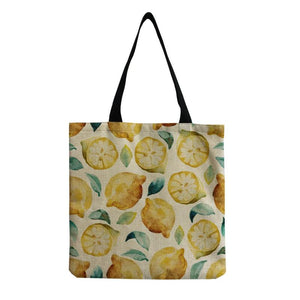 Lemon Printed Linen Beach Shoulder Bag Reusable Shopping Tote Handbag