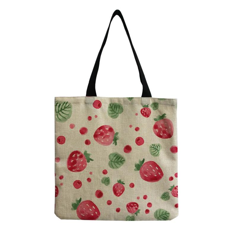 Strawberry Printed Linen Beach Shoulder Bag Women Casual Tote