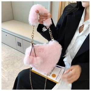 Faux Fur Heart-shaped Women Small Handbags Fluffy Plush Ladies Shoulder Bag